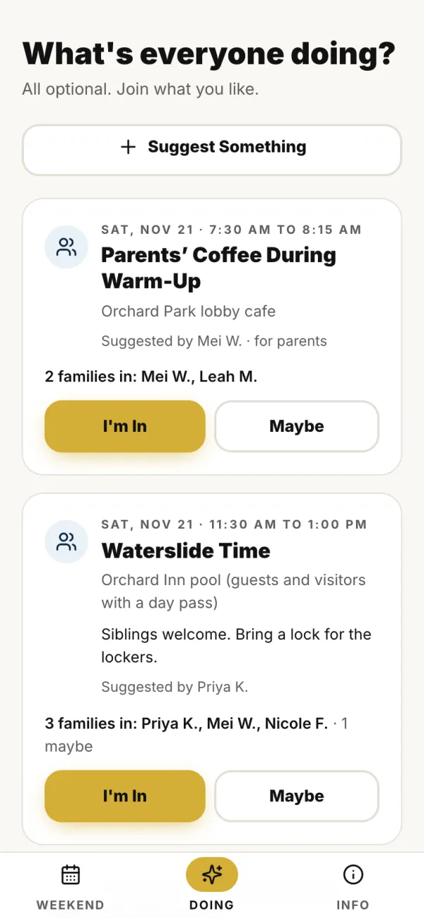What is everyone doing board with optional activities like waterslide time and a team dinner, each with an I am in button