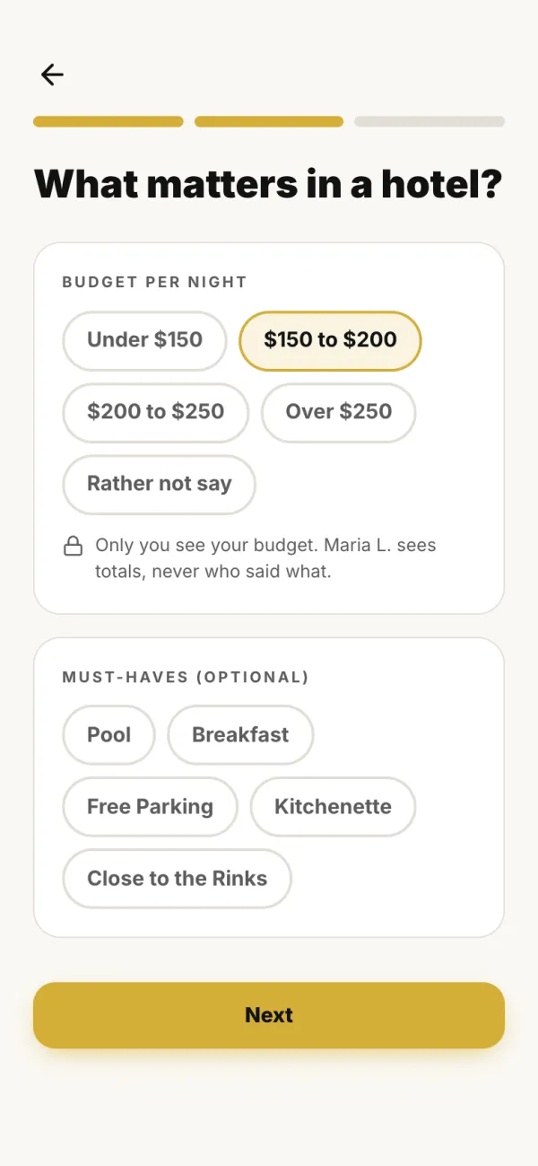 Question screen asking what matters in a hotel, with budget bands and a note that only you see your budget